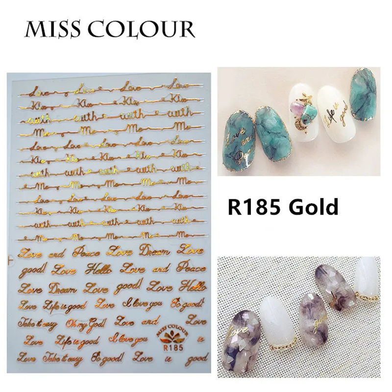 1 лист ногтей Стикеры клей ручной записи английские слова буквы серебристо белый