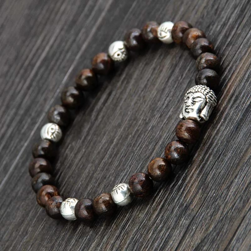 Мужской браслет 6 мм Bronzite Buddha Evil Eye эластичный ручной работы растягивающиеся
