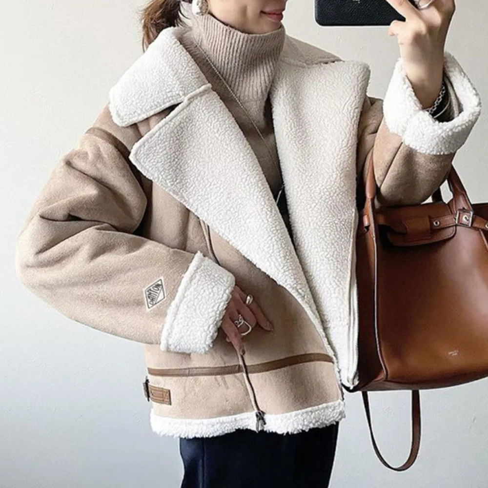 

Шикарная Женская мотоциклетная куртка, свободная Меховая зимняя короткая куртка из бархата ягненка, женское флисовое Прямое пальто, 2021