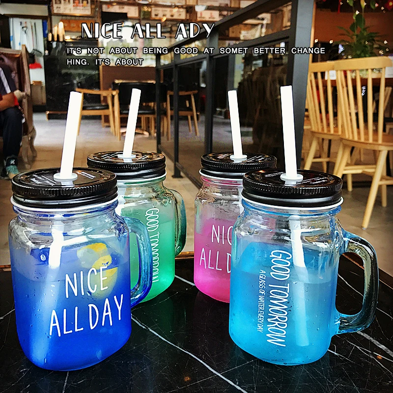 

Creative Gradient Color Glass Cup Cute Mason Jar Cups With Straw and Lids Summer Transparent Fruit Juice Cool Drink Water Bottle