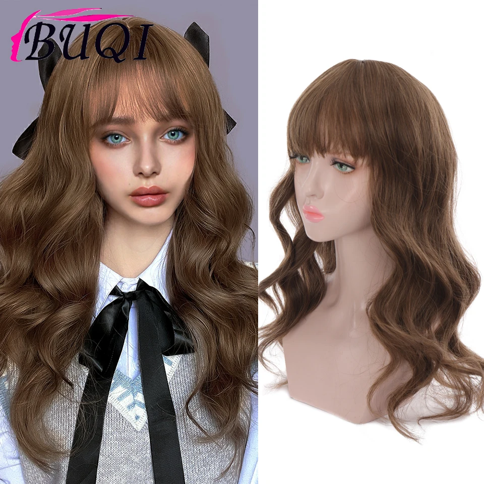 

BUQI Long Wavy Womens Wig with Bang Synthetic Wigs Natural Brown Black Wigs for Women Heat Resistant Lolita Cosplay Hair