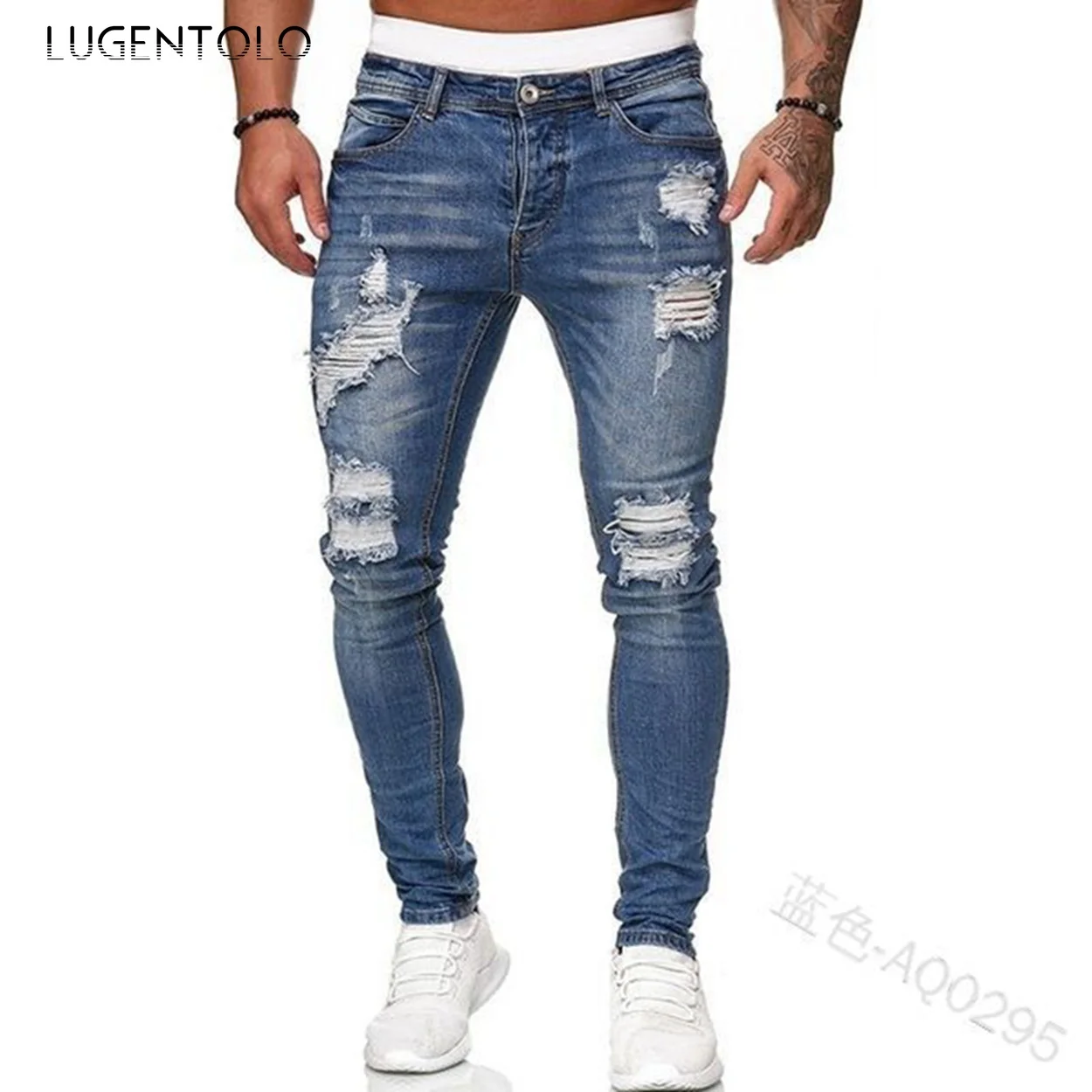 

Мужские узкие джинсы, эластичные повседневные брюки, модные рваные уличные тонкие уличные длинные джинсы-карандаш со средней талией и карм...