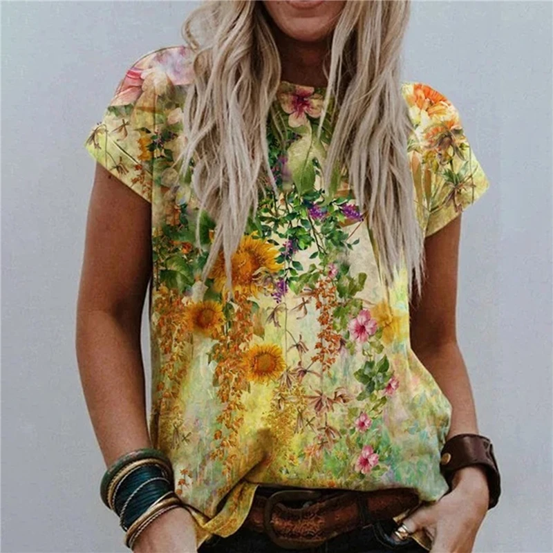 

Женская водолазка с коротким рукавом, винтажная свободная футболка с круглым вырезом и абстрактным принтом, разные цвета