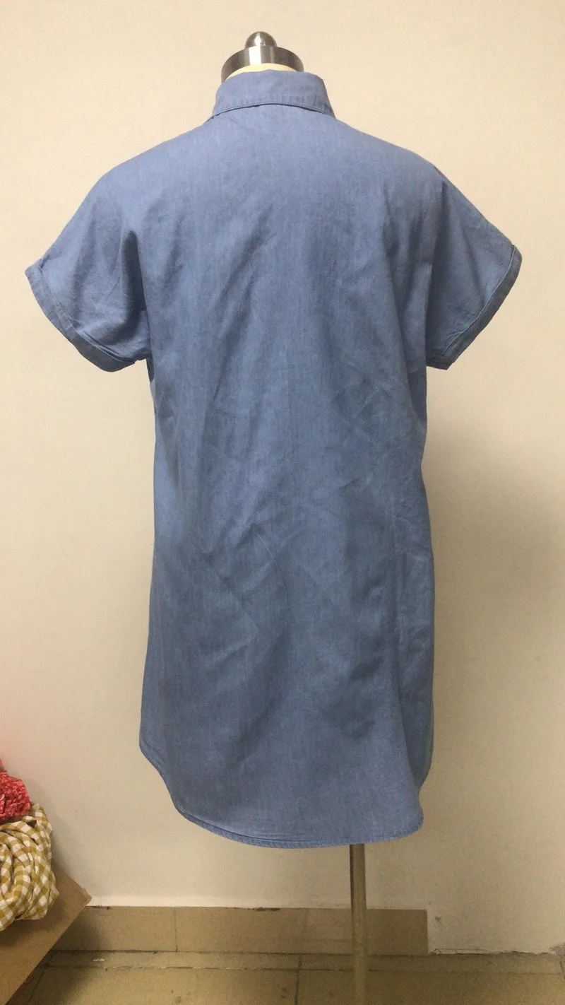 

Mandylandy Women Elegant Denim Long Shirt Lady Fashion Spring Summer Short Sleeve Turn Down Collar Pocket Single Breasted Blouse