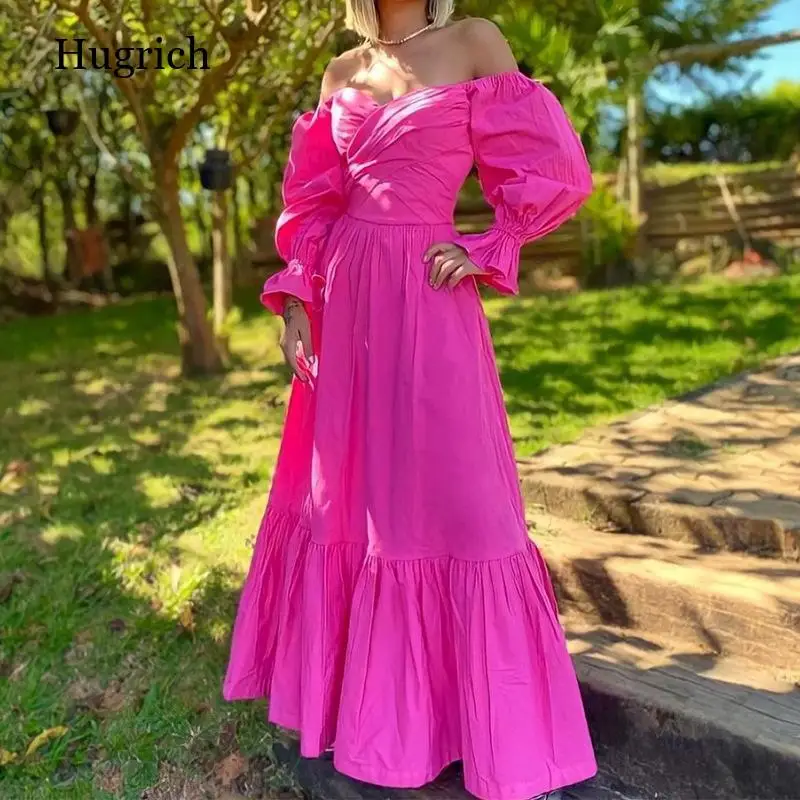 

Женское длинное платье-макси в стиле ретро, однотонное Розовое свободное платье с короткими рукавами, оборками и квадратным вырезом, элеган...