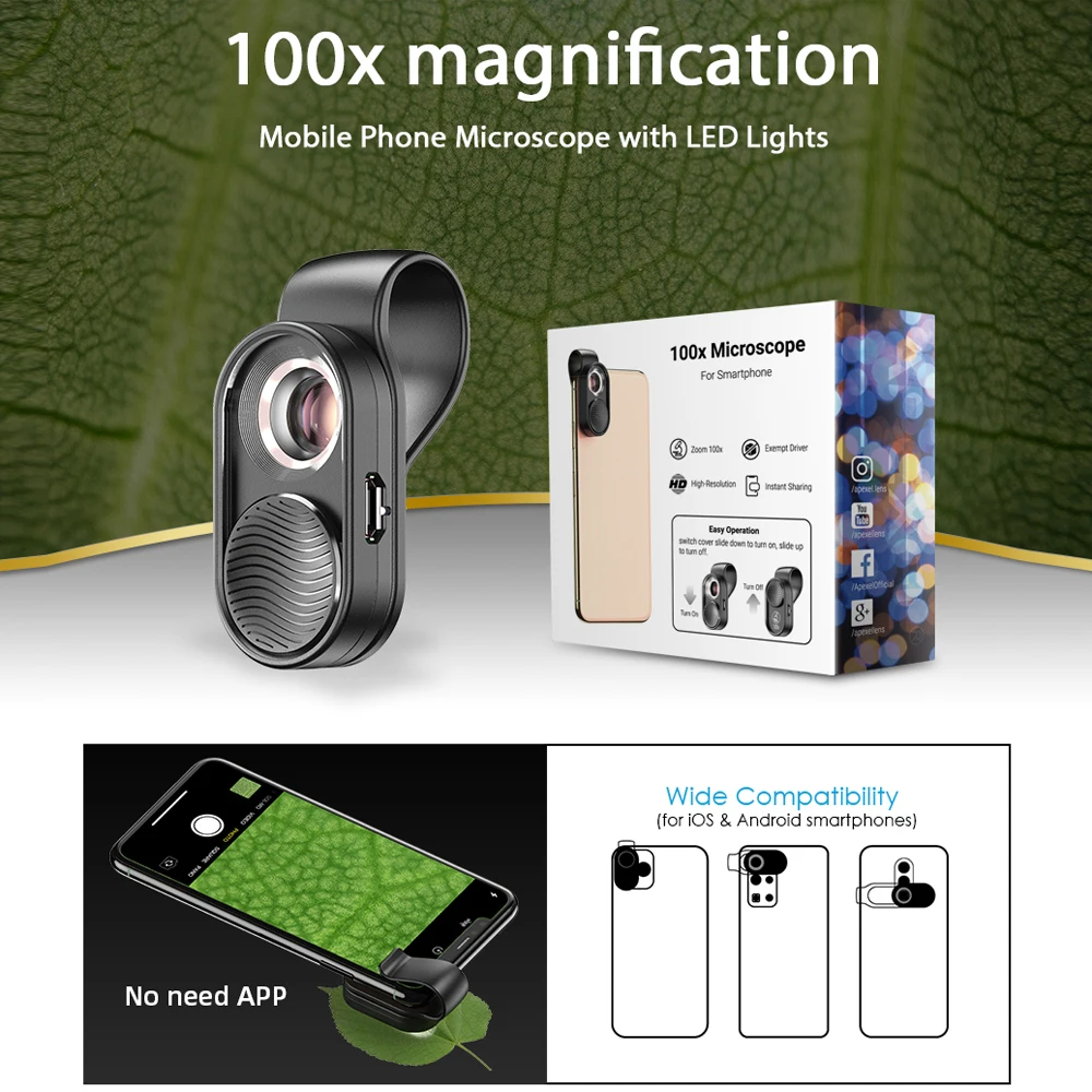 

APEXEL 100X magnification microscope lens tipscope mobile LED Light micro pocket lenses for iPhone 13 12 Pro max all smartphones