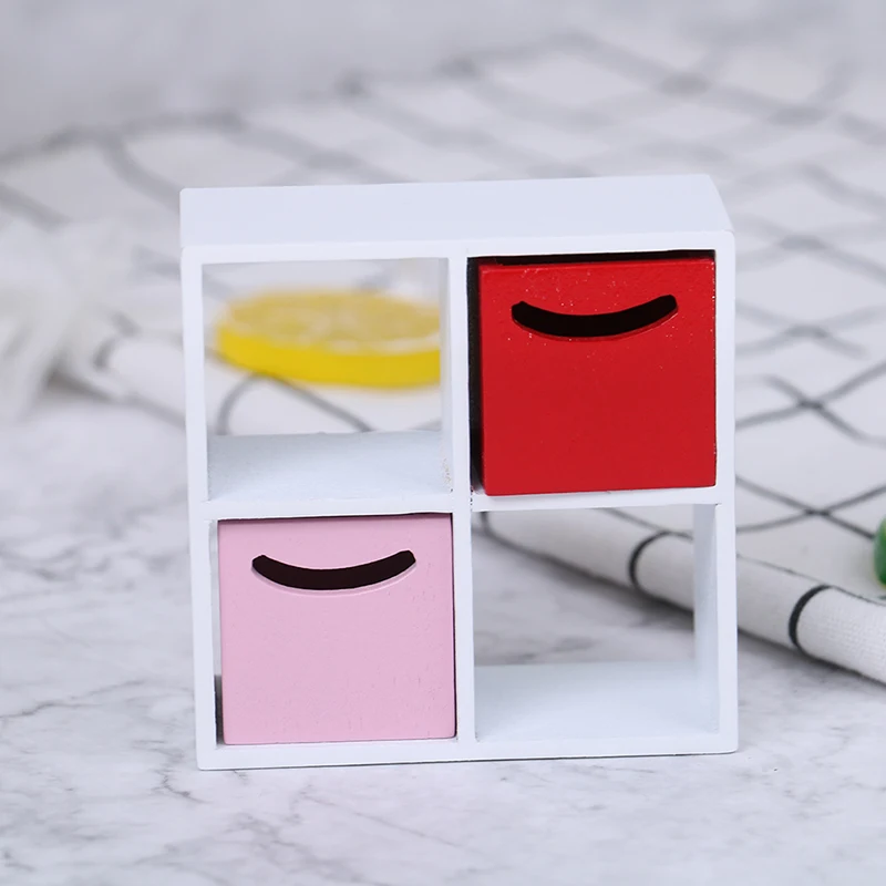 

1Set 1:12 Mini Wooden 4 Grid Cabinet with 2 Drawer Miniature Modern Indoor Furniture for Dollhouse Furniture Decals