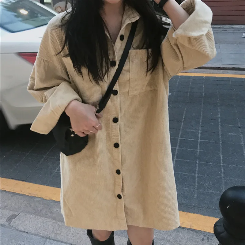 

Retro Green Solid Corduroy Thicken 2021 Korean Plus Size Sashes Stylish Chic Office Lady Streetwear High Waist Dresses