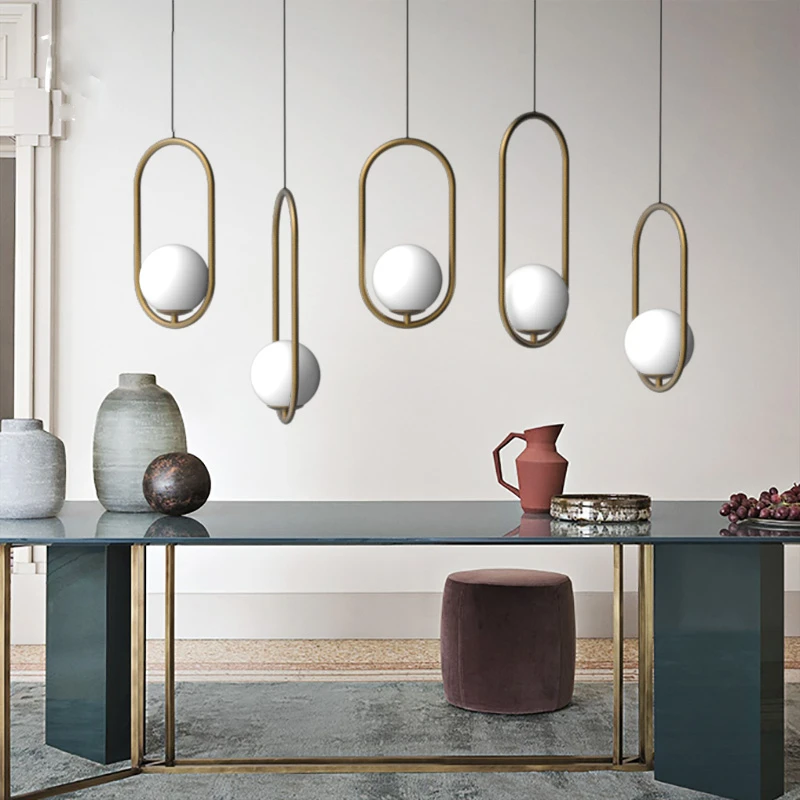 

Nordic Golden Oval Ring Pendant Lights Modern Loft Glass Ball Hanging Pendant Lamp Industrial Decor Kitchen Fixtures Luminaire