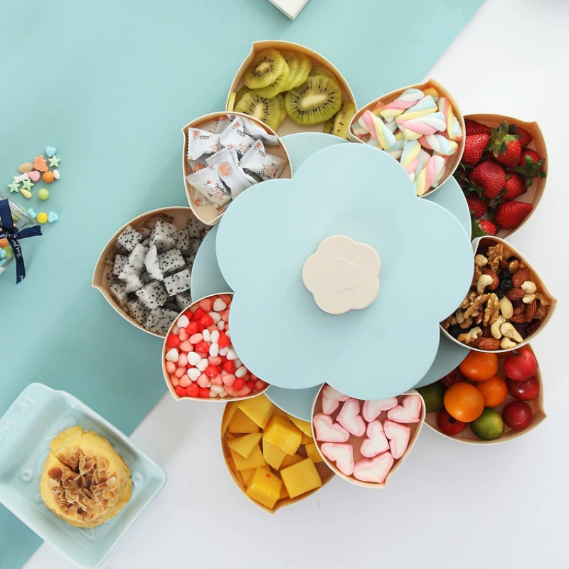 Caja giratoria creativa para almacenamiento de alimentos, bandeja giratoria con forma de pétalos de flores, fruta, dulces, frutos secos, aperitivos