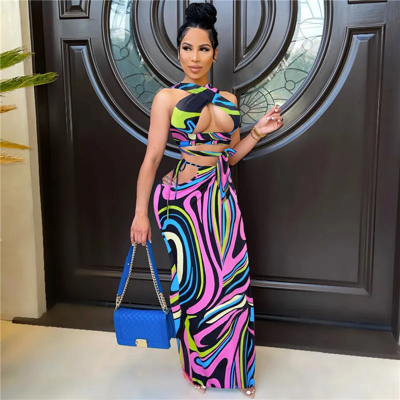 

WJFZQM Sexy Backless Bandage Midi Dresses For Woman Printed Summer Vestidos Club Party Dress Female Cross Hanging Neck Sundress