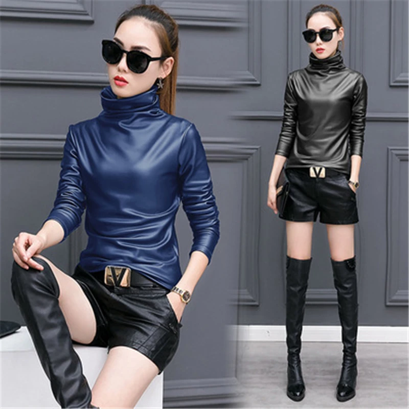 New Spring Autumn Women's Clothing Long Sleeve Turtleneck PU Leather Pullover Fleece Warm 2022 Lady Trendy Tops Female  281
