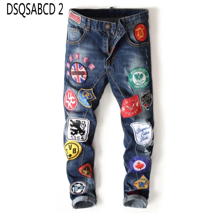 Модные мужские джинсы в европейском и американском стиле с вышивкой синие брюки