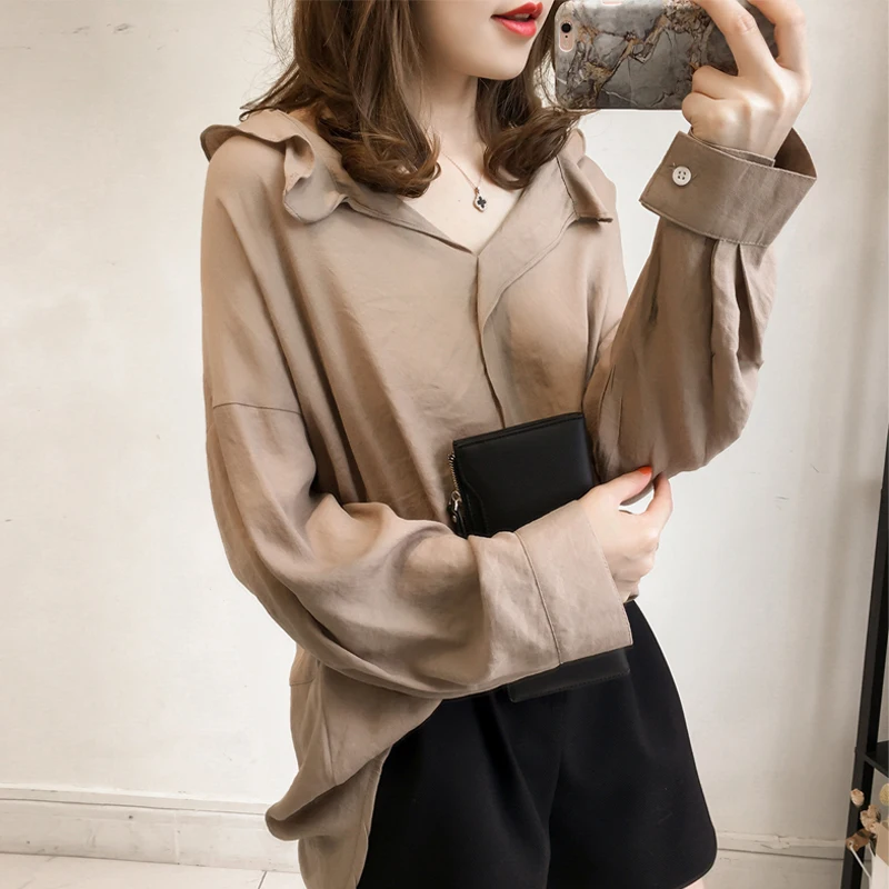 Новые женские топы и блузки Blusas Mujer De Moda v образный вырез однотонная одежда с