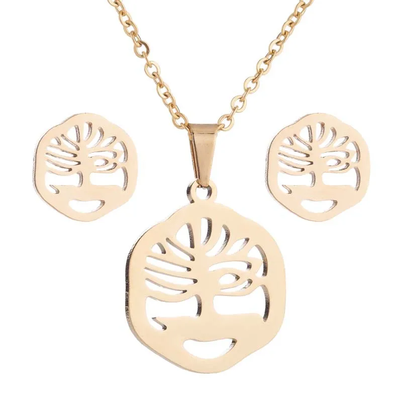

Sinogaa Stainless Steel Earrings Necklace Set Simple Sand Painting Tree Jewelry Set For Women Collar Earrings Jewelry Wholesale