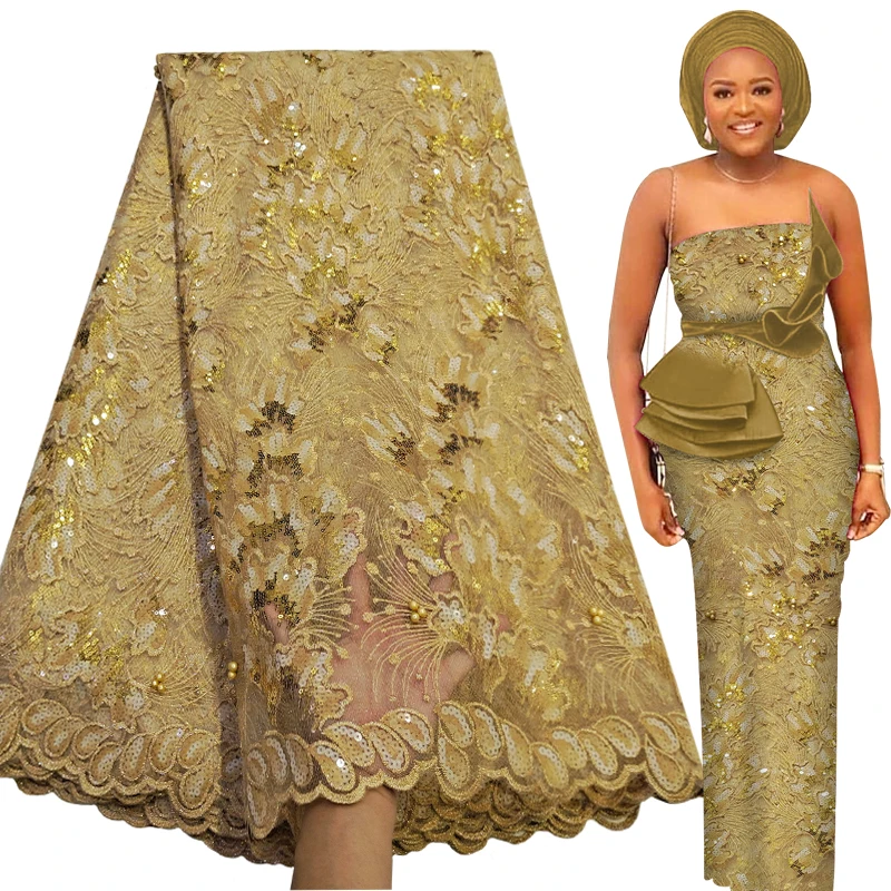 

Новый Золотой Тюль с блестками, Африканское кружево, ткань 2020, высококачественные вышитые кружевные материалы, 5 ярдов, французская сетка, н...