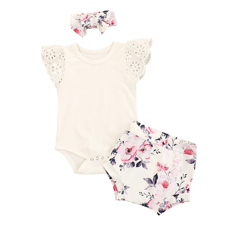 

Cute Baby Girl’s Clothes 3Pcs Fresh Solid Color Fly Sleeve Jumpsuit and Flower Short Pants with Headband Infant Clothing Sets