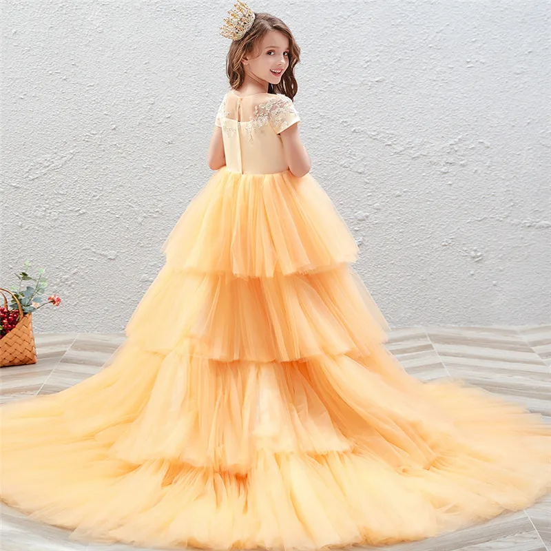

Little Girls Children elegant High-Quality Luxury Long Tail Princess Dress For Birthday Evening Party Kids Host Costumes Dress