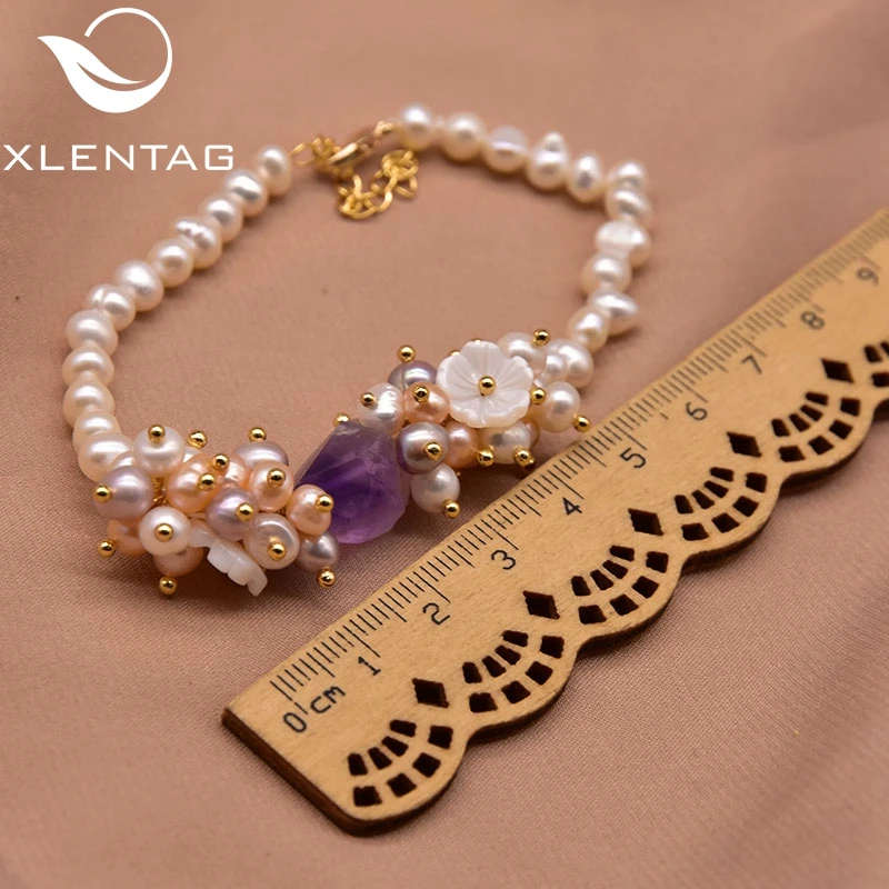 

XlentAg Natural Fresh Water Pearl Amethyst Shell Flower Set Bracelet Women Wedding Party Couple Gift Fashion Fine Jewelry GB0953