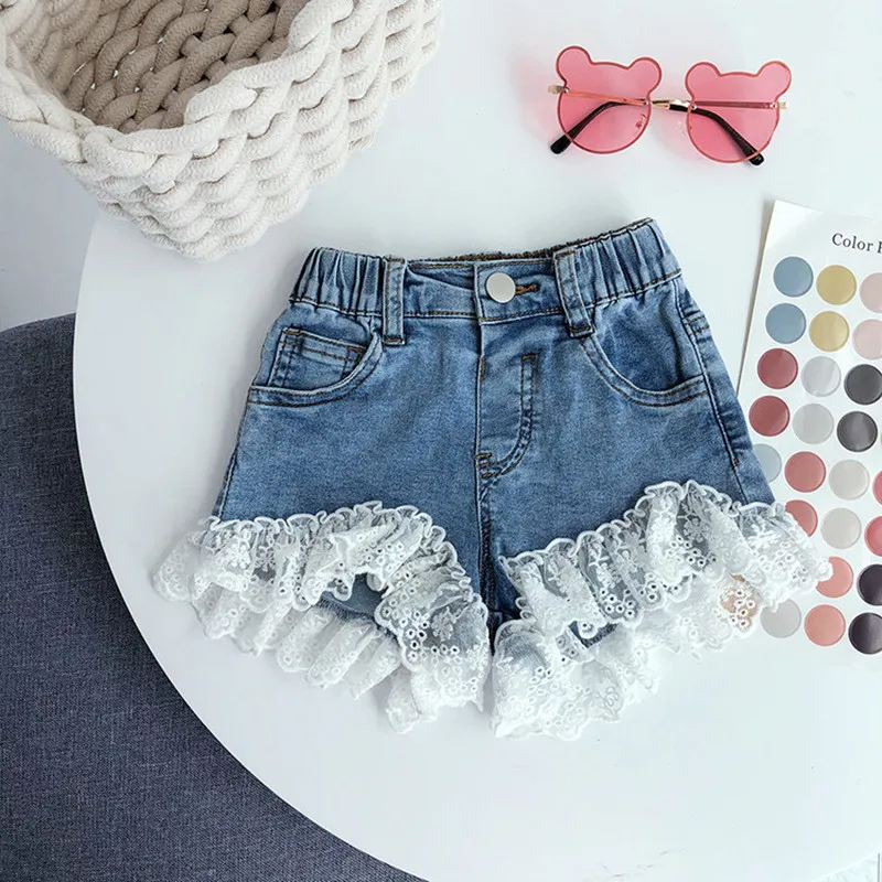 Летние штаны для девочек модные джинсовые шорты с кружевной вышивкой милые брюки