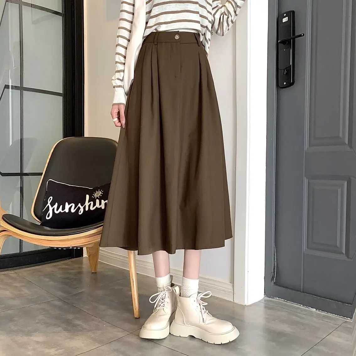 Осенняя элегантная трапециевидная юбка с высокой талией Женская Повседневная