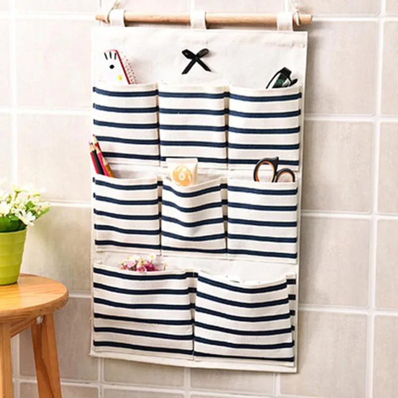 

Cotton Linen Fabric Stripe 8 Grid Living Room Bedroom Door Back Wall Storage Hanging Bag
