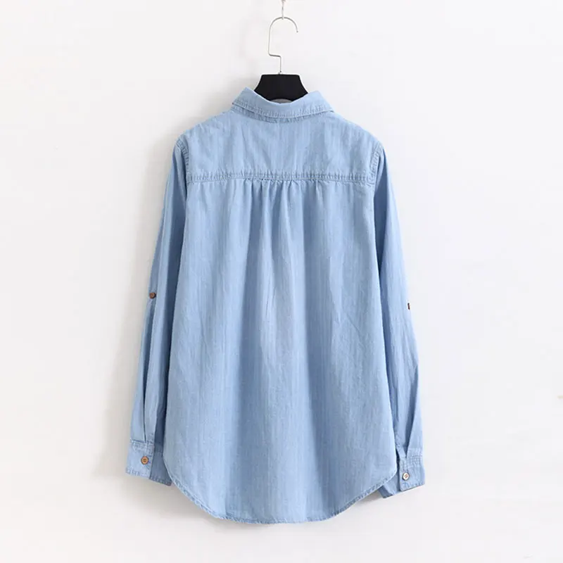 Женская джинсовая рубашка с длинным рукавом двумя карманами|blouse fashion|blouses plusfashion