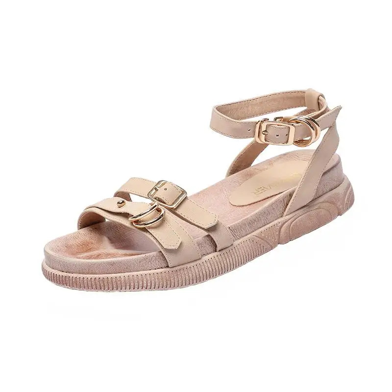 

2021 Summer All-Match Flat Sandal Shoe Women's Heels Suit Female Beige Muffins shoe Med Without Beach Girls Gladiator Comfort Bl