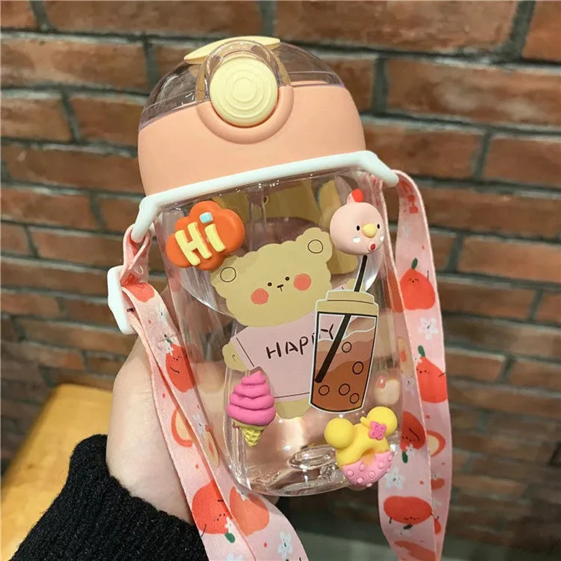 

420ML Cute Bear Sports Bottle With Straw Easy to Carry Travel Camping Drop Resistant Plastic Cup Girl Children's Water Kettle