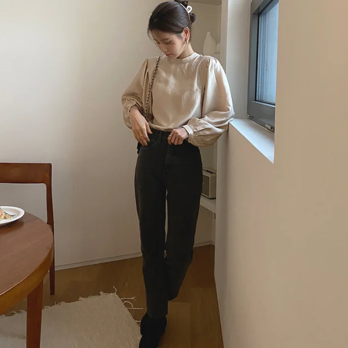 

Women Autumn Spring Lantern Sleeve Stand Collar Office Lady Work Blouse Solid Vintage Shirts