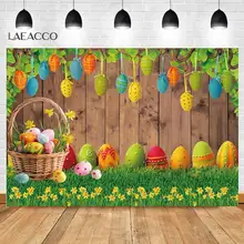 Spring Easter Background For Photography Grass Lawn Colored Eggs Wood Board Planks Baby Portrait Photographic Backdrop Photocall
