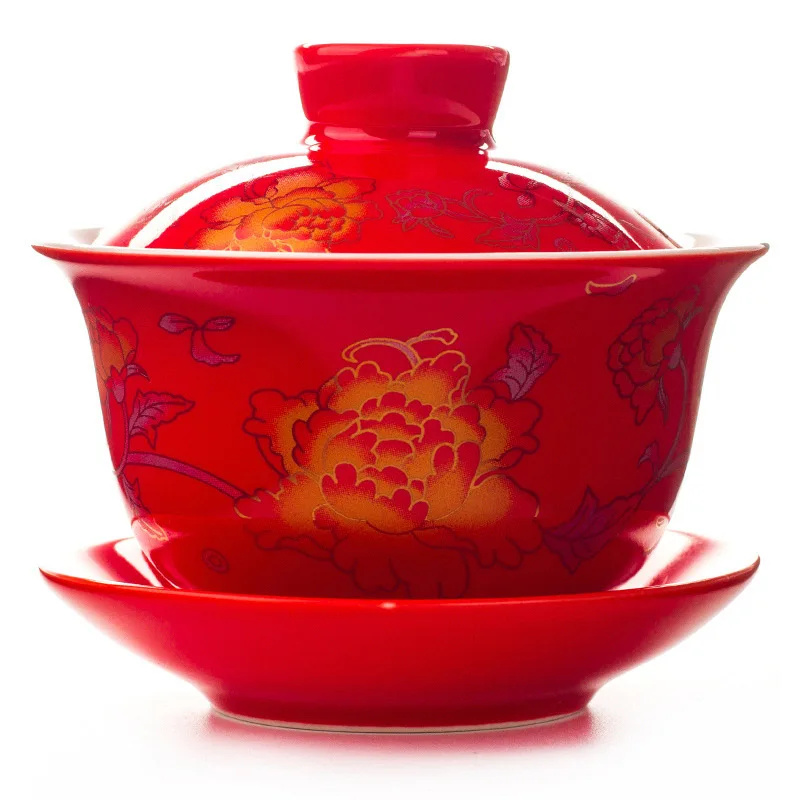 Китайский чайный набор с красным цветком gaiwan Bone фарфоровая посуда для напитков