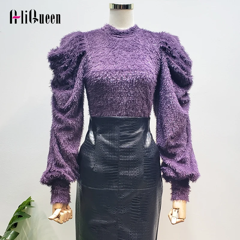 Jersey Mujer 2020 Autumn Fashion Women Black Puff Long Sleeve Loose Bright Silk Mohair Sweater Purple Knitted Pullover Sweaters | Женская
