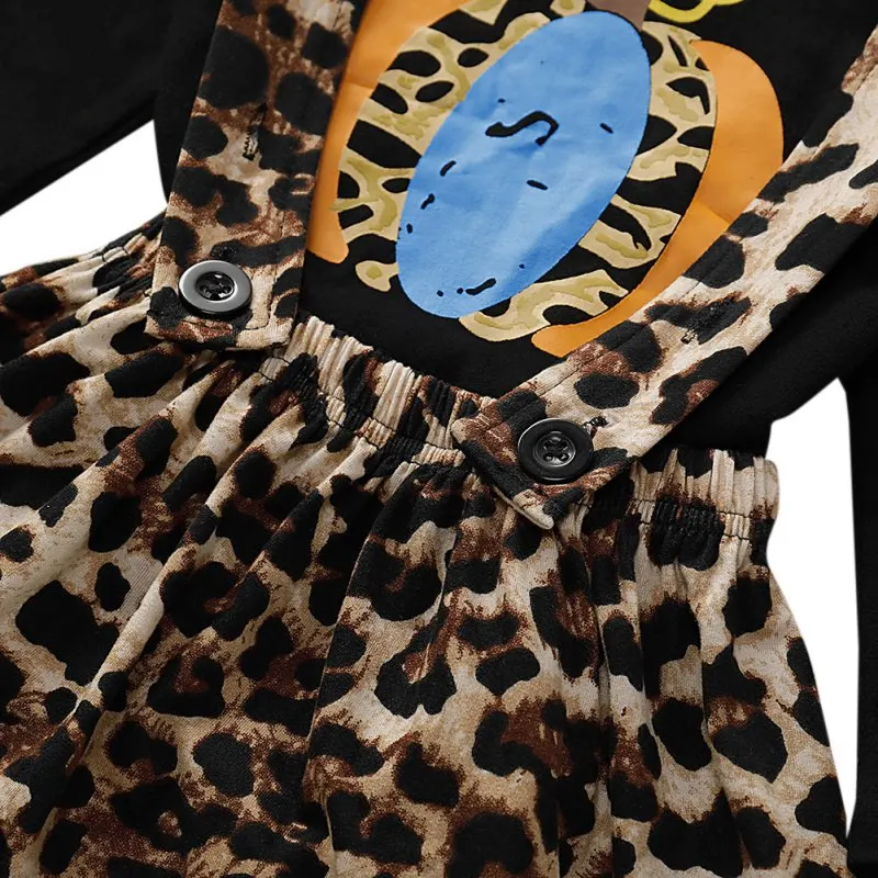 

Children Set Girl Skirts Set Halloween Long Sleeve Pumpkin Pattern Top T Shirt Leopard Strap Baby Skirt Free Headband#1