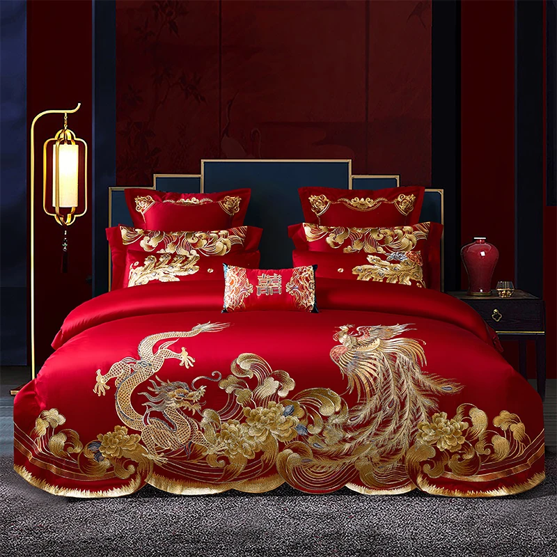 الفاخرة الأحمر الصينية الزفاف طقم سرير عصري مجموعة الذهب لونج فينيكس التطريز نحى حاف الغطاء المفرش أغطية سرير سادات