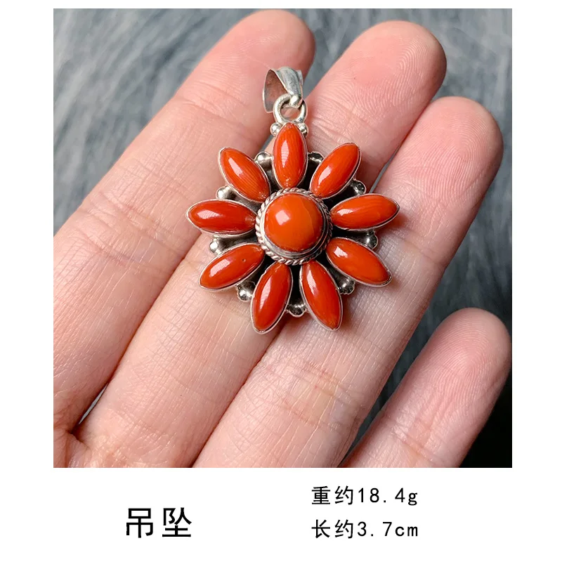 

Nepal Handmade S925 Sterling Silver Ornament Inlaid Red Treasure Pendant Female Personality Retro Ethnic Style Necklace Sweater