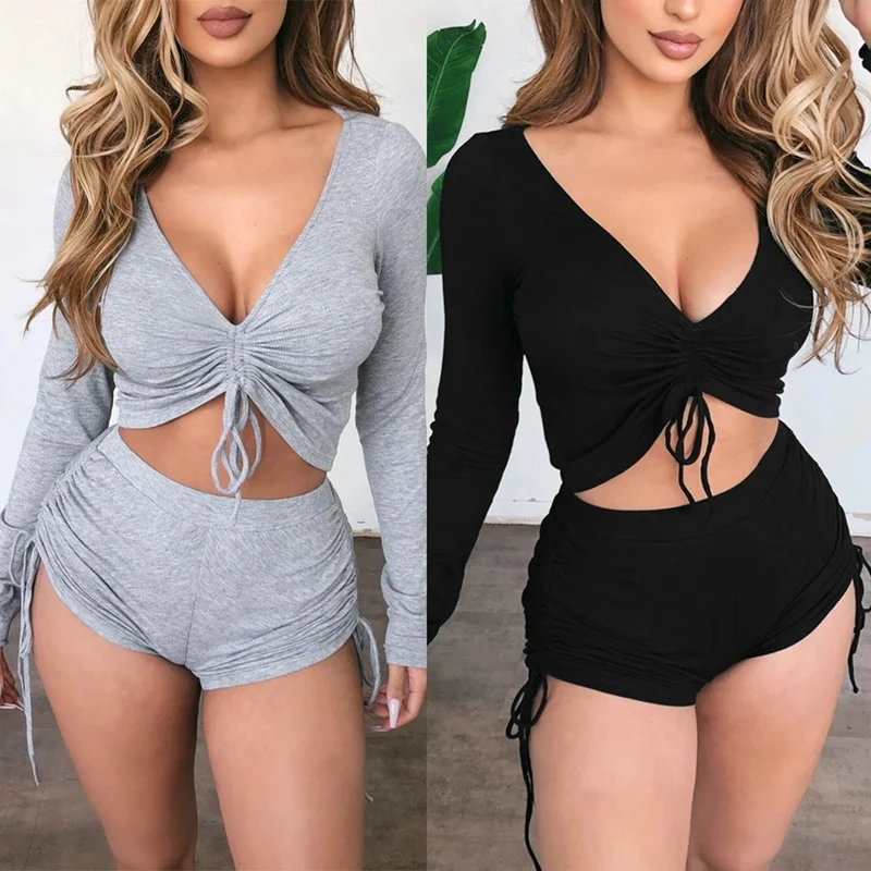 

Women Fashion Sexy V-Neck Low Cut Drawstring Long Sleeve Shorts Set