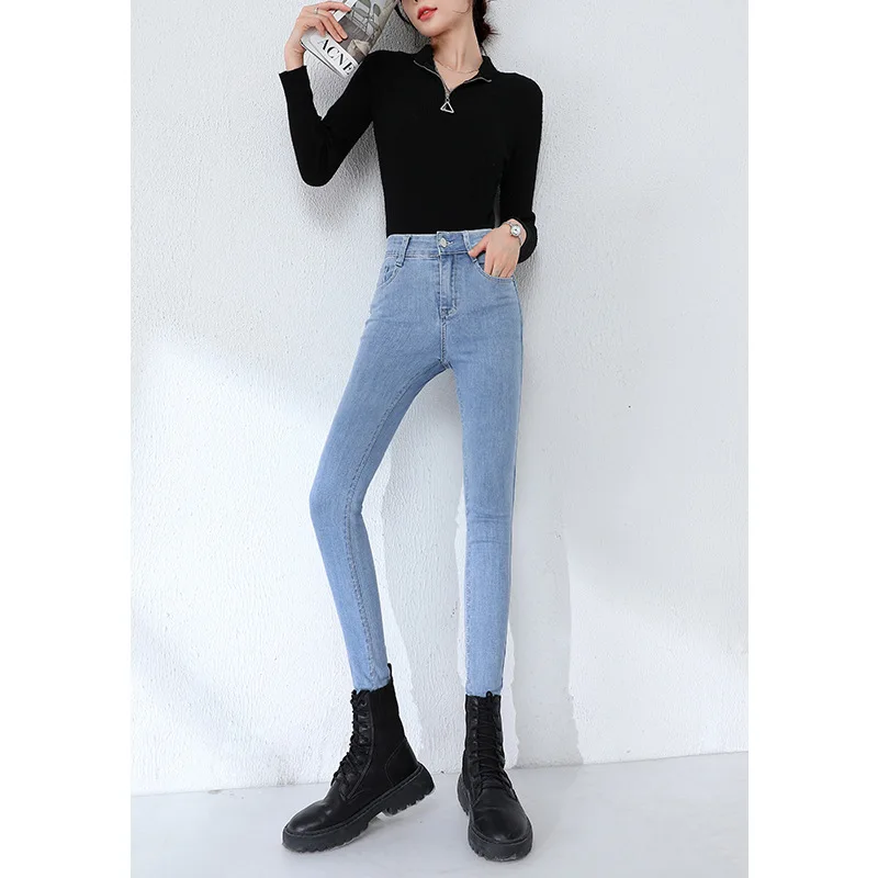 

STSVZORR light blue high-waisted jeans women are thinner and taller autumn 2021 new stretch tight-fitting pants