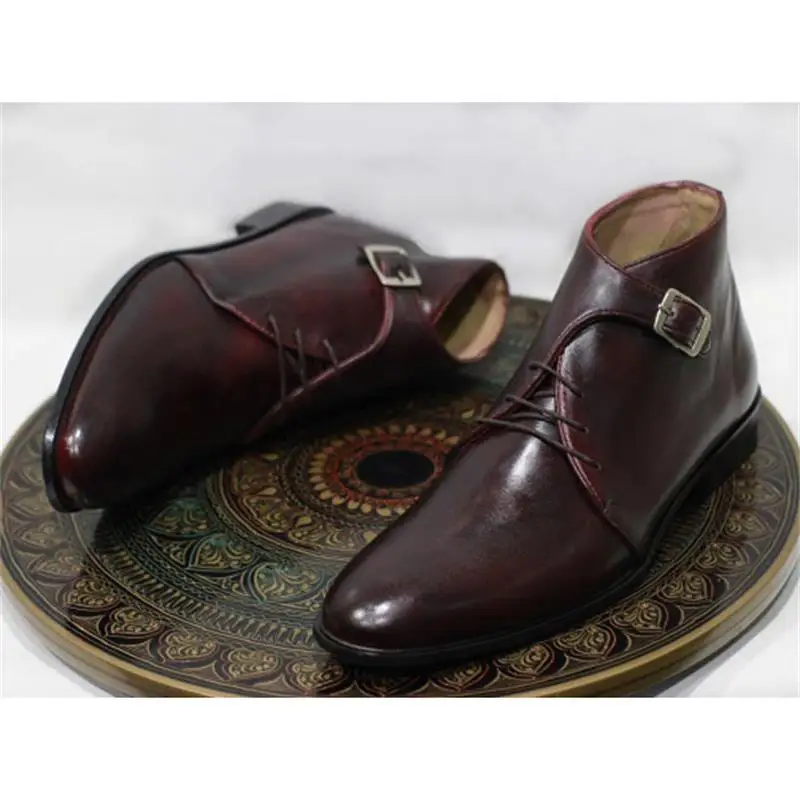 Мужские ботинки ручной работы винно-красные ботильоны с острым носком ремешком и