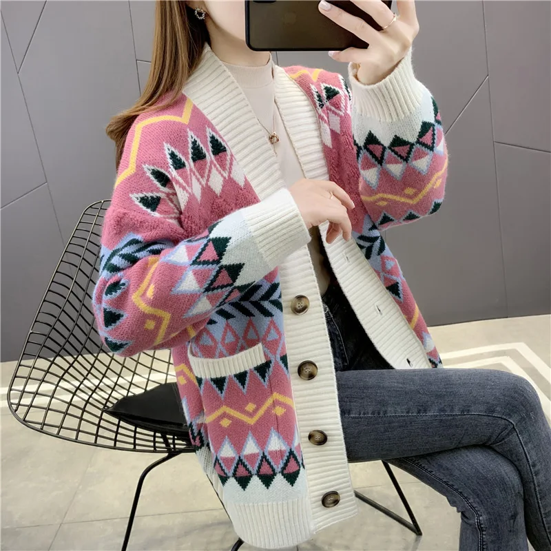 

Sweater jacket women retro autumn and winter clothes ladies knitted cardigan 2021 fashion new jacquard long-sleeved cardigan