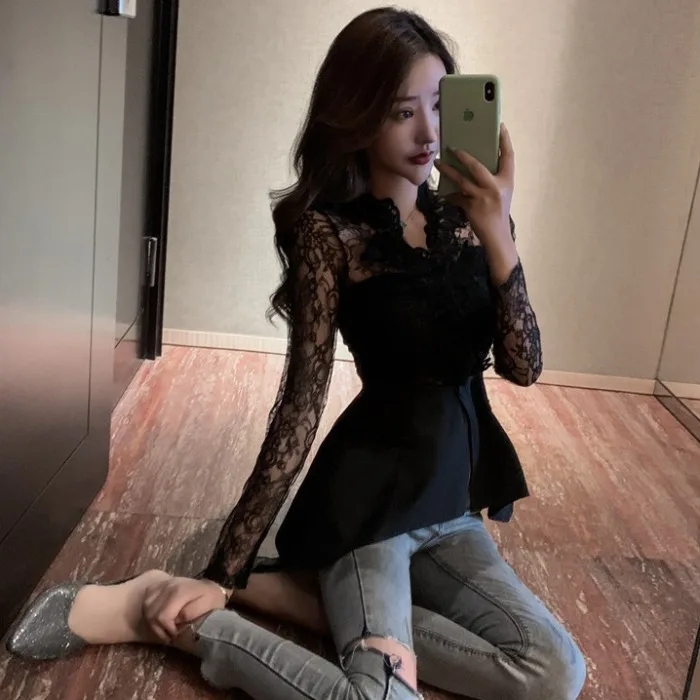 Весна Осень женская элегантная кружевная рубашка с длинным рукавом 2019 корейская