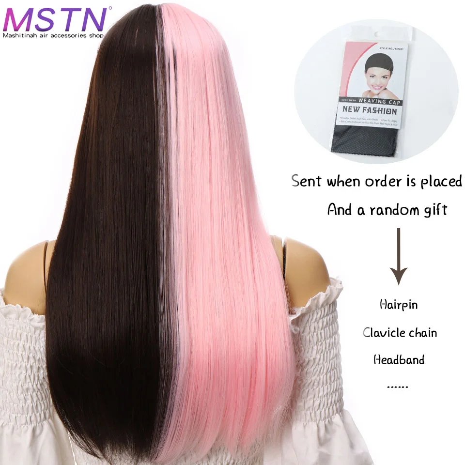 MSTN Pink and Black Long Straight Fake With Bangs Hair Ombre Color Synthetic Hair Wig Cosplay Lolita Daily Wig For Women Wigs
