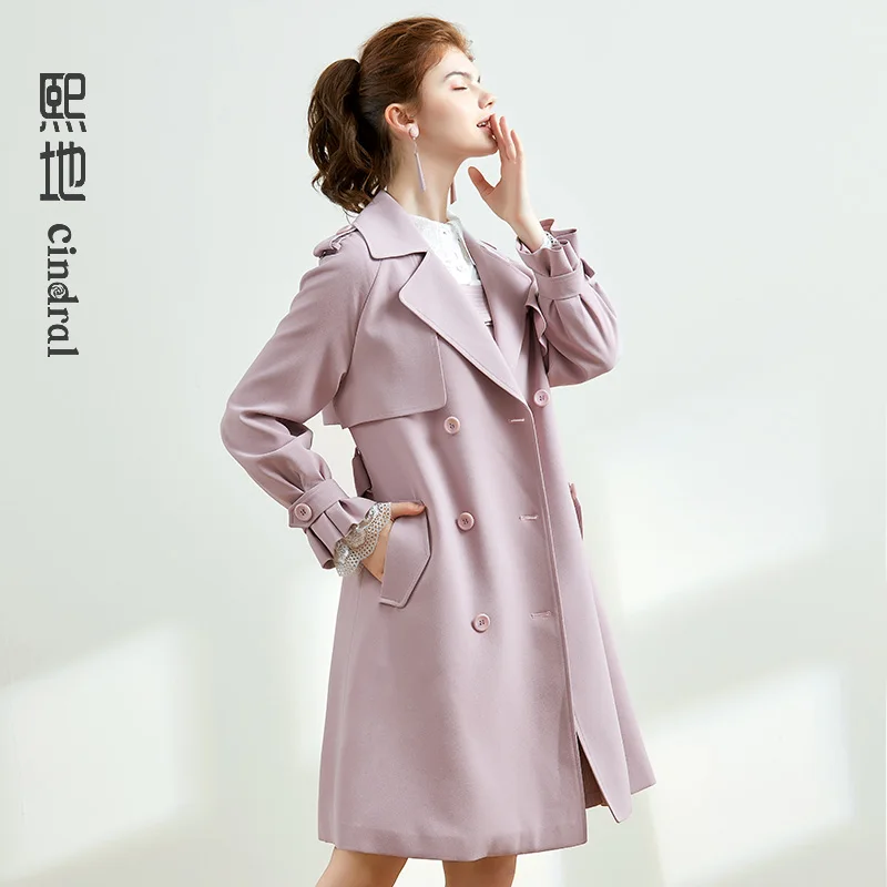 

2021 Spring and Autumn New Pink Double Breasted Windbreaker Women's Middle and Long Fashion Coat