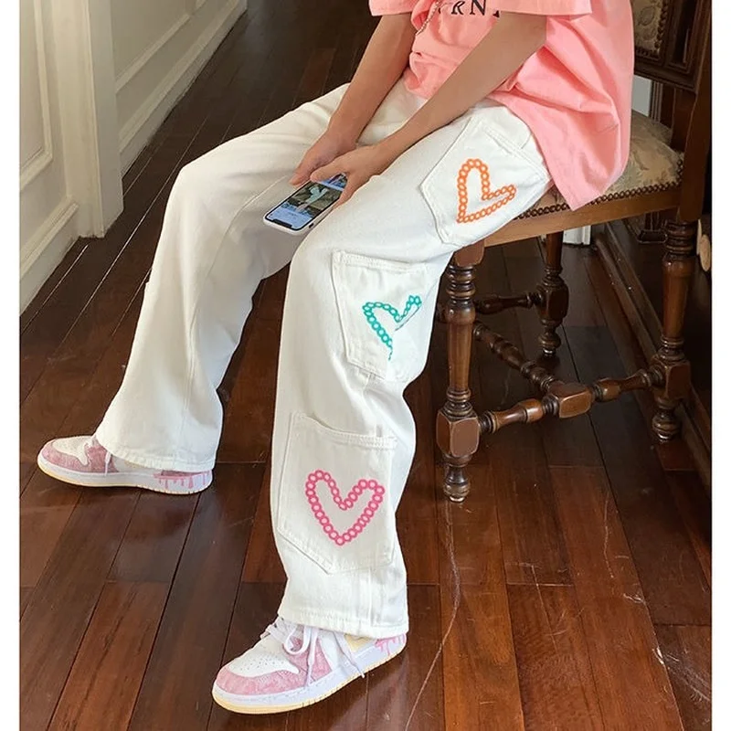 

QWEEK Korean Streetwear White Baggy Jeans Women Letter Embroidery Pockets Cargo Pants Autumn Fashion Wide Leg Trousers Female