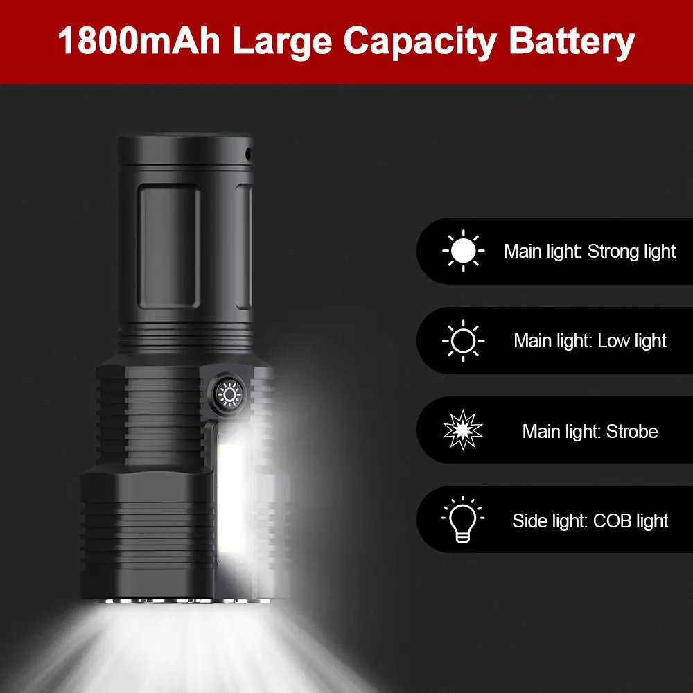 12LED Electric Display Strong Light Flashlight USB Charging With COB Side Ultra Bright Emergency Lantern Built-in Battery - купить по