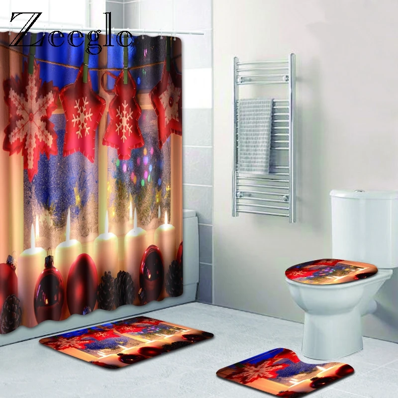 Zeegle Christmas Bath Mat with Shower Curtain Set Microfiber Toilet Foot Rug U Type Washable Floor | Дом и сад