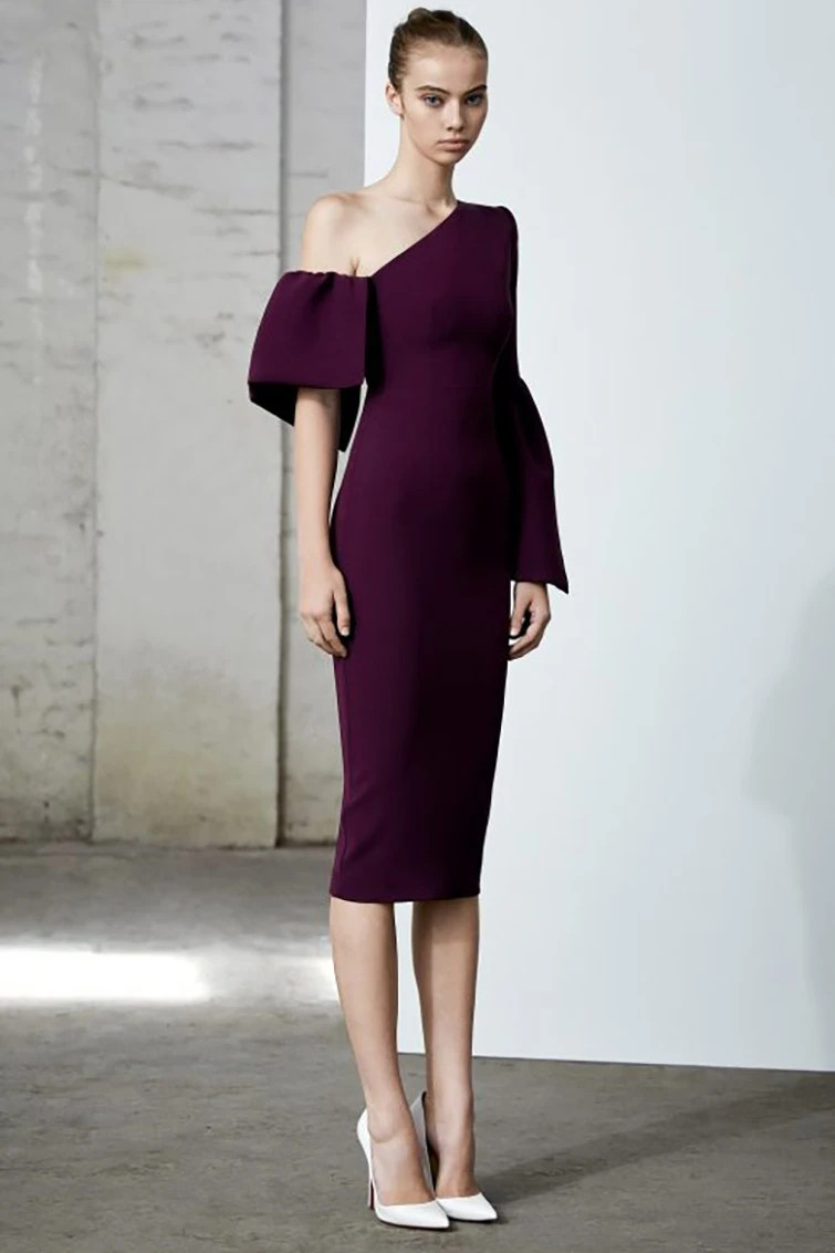 

2021 Autumn and Winter New Style Celebrity Temperament Slant Shoulder Single Sleeve Solid Bandage Dress