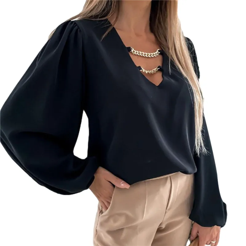 

2021 Spring Autumn Fashion Long Sleeve Office Blusa Elegant Solid Chain V-neck Blouse Shirt Women Sexy Hollow Out Pullover Tops