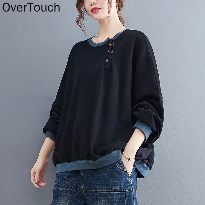 

Толстовка Overtouch, свитшот, женская одежда, пуловер, винтажные женские топы, рубашка, черная Свободная Повседневная хлопковая Толстая весення...