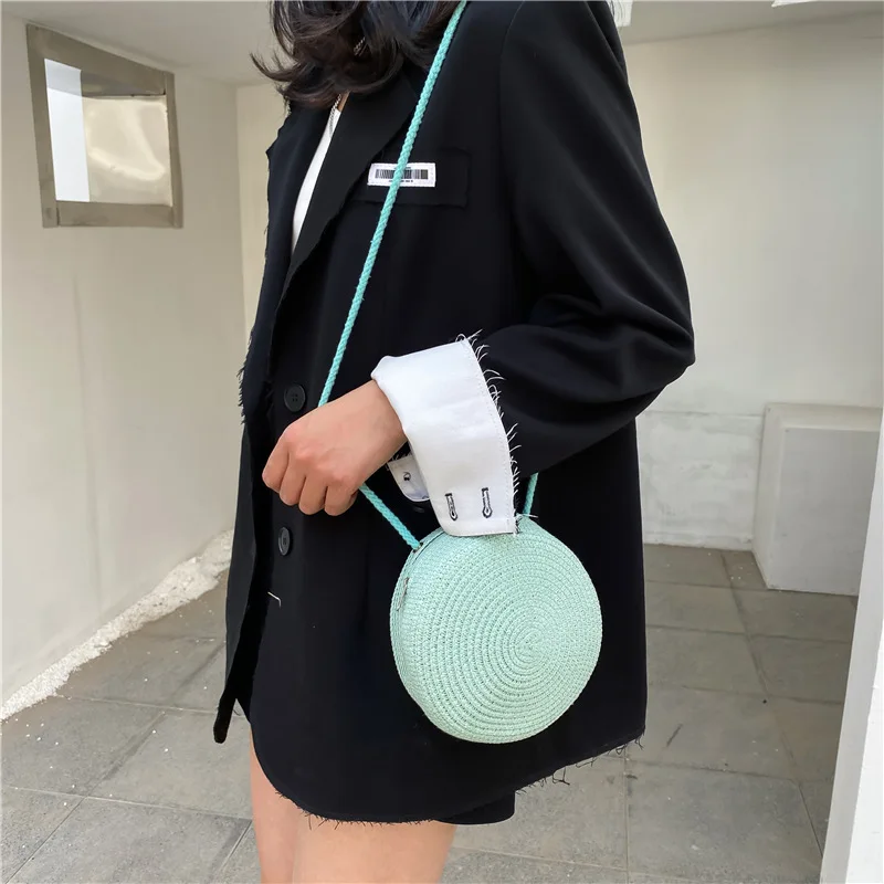 Muliti-color Woven Rattan Bag Round Straw Shoulder Bag Small Beach HandBags Women Summer Hollow Handmade Messenger Crossbody Bag